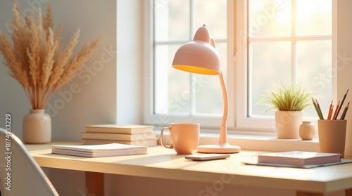 Cozy home office desk with warm lamp and dried flowers by window