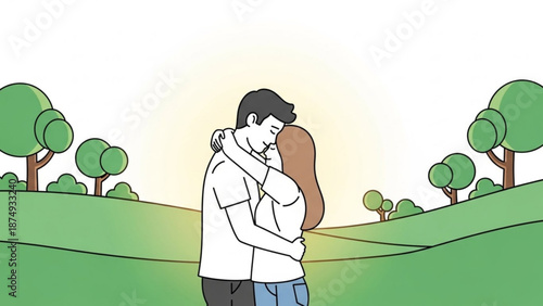 Couple embracing in a sunny park simple line art illustration of love and togetherness perfect for romance and lifestyle concepts