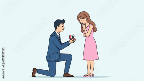 Man proposing marriage with diamond ring in a box woman reacting with joy romantic proposal scene illustration for love and engagement concepts