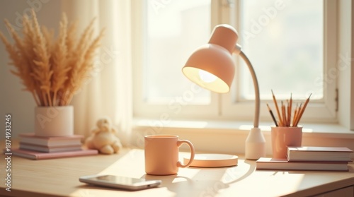 Cozy home office desk with warm lamp and dried flowers by window