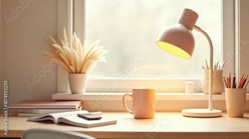 Cozy home office desk with warm lamp and dried flowers by window