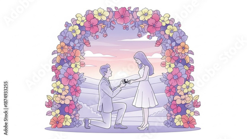 Man proposing marriage to woman under floral archway romantic proposal scene with engagement ring illustration for wedding and love concepts
