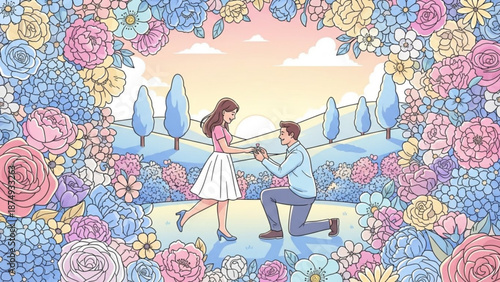 Couples romantic proposal in a floral garden man kneeling with ring woman accepting concept of love and commitment soft pastel illustration