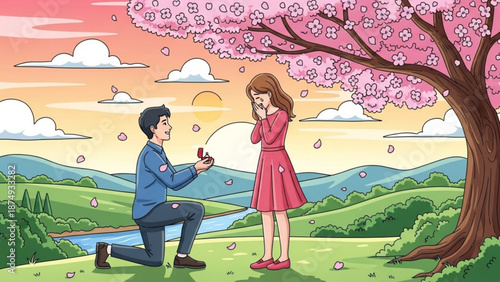 Man proposing marriage to woman under blooming cherry blossom tree romantic outdoor scene with rolling hills and sunset sky illustration for love and engagement concept