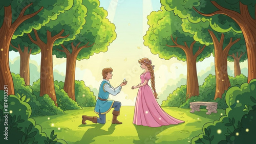 Prince proposing to princess in a magical forest romantic fairytale scene with engagement ring illustration for storybooks and fantasy themes