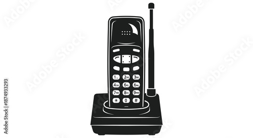 A detailed black and white illustration of a vintage cordless telephone showcasing its form silhouette
