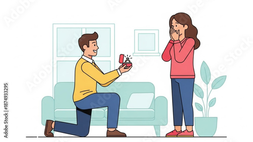Man proposing with engagement ring to surprised woman romantic moment in a living room flat vector illustration for love and relationship concepts