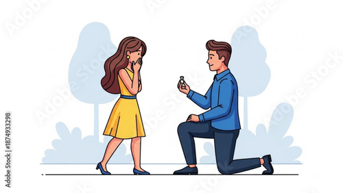 Man proposing with engagement ring to surprised woman romantic gesture in park vector illustration for love and relationship concepts