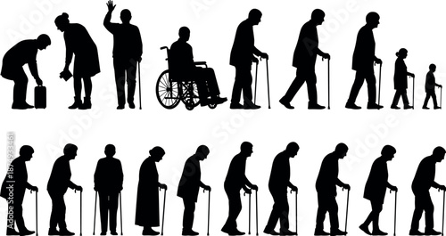 Aging people silhouettes set showing elderly walking with cane wheelchair life stages senior care vector illustration collection