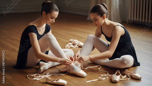 Two ballet dancers preparing backstage in a dance studio tying ballet shoes before performance or practice session with focused expressions and elegant attire