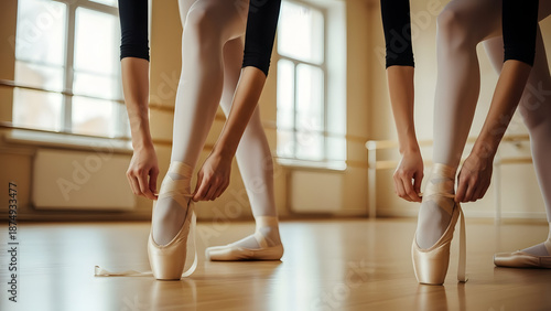 Two ballet dancers practicing pointe technique in a dance studio with large windows and wooden floors for dance training and artistic performance