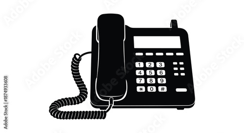 A striking black and white image of a classic desktop telephone in a bold silhouette