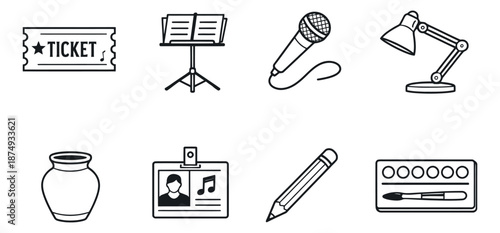 Hand drawn line art icon set featuring various creative tools and everyday items for hobbies and office work