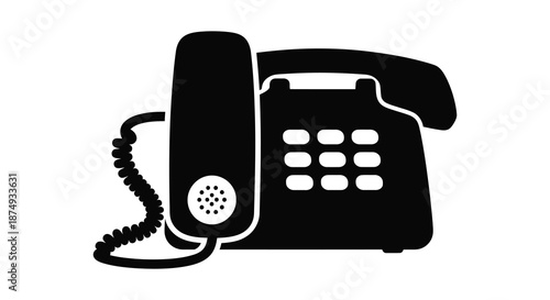 A simple black and white depiction of a vintage telephone with a coiled cord silhouette