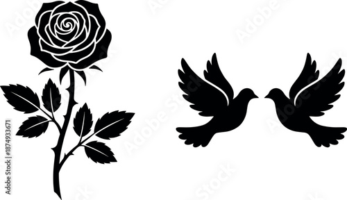 Black rose flower and flying dove silhouettes symbolizing love peace romance memorial tattoo design, elegant vector illustration set