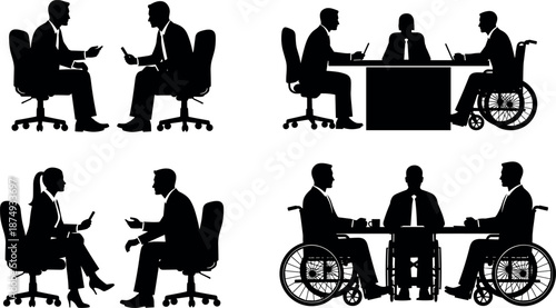 Business Meeting Silhouette Collection Showing Office Discussion Interview Teamwork Corporate Communication Inclusive Workplace Vector Illustration Set