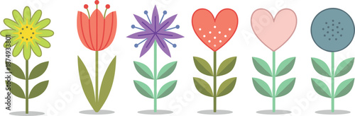 Cute minimalist flowers set with heart shaped blooms, pastel floral elements for spring decoration, kids design, vector illustration collection artwork