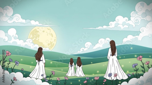 Group of women in white dresses looking at the moonlit sky serene landscape with rolling hills and flowers represents peace and contemplation