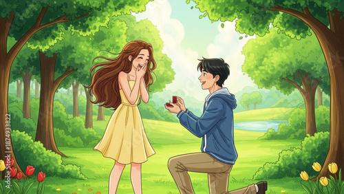 Man proposing marriage to surprised woman in a park romantic proposal with engagement ring illustration for love and relationship concepts