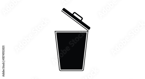 A simple black trash can with an open lid presented as a stark silhouette