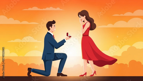 Man proposes to woman with engagement ring romantic proposal scene with sunset sky and clouds vector illustration for love and relationship concepts