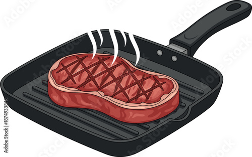 Grilled beef steak cooking in grill pan with smoke lines, realistic food illustration for restaurant, kitchen, barbecue design