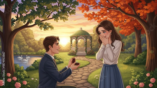 Romantic marriage proposal in a beautiful park at sunset a man kneeling with a ring box a surprised woman reacting symbolizing love and commitment