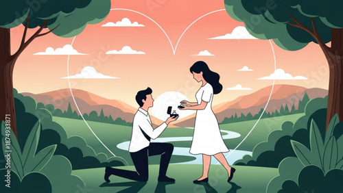 Man proposing marriage to woman in a scenic landscape with heart shape romantic proposal concept for wedding or engagement