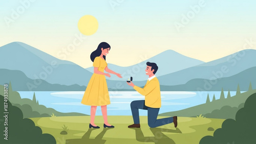 Man proposing to woman with engagement ring in a scenic outdoor landscape romantic proposal concept for wedding or relationship themes