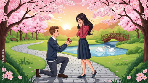 Man proposes to woman with engagement ring in a park with cherry blossoms a romantic proposal scene for wedding or relationship concepts