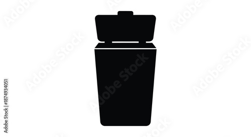 A simple black and white illustration of a closed trash can displaying a modern silhouette