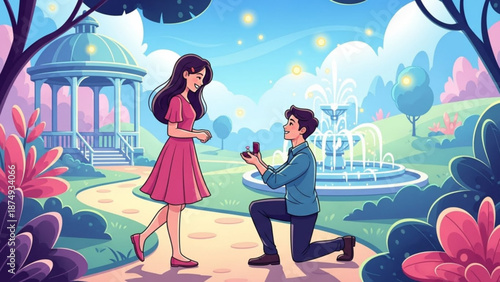 Man proposing to woman in a park with a ring romantic scene of marriage proposal illustration for love and relationship concepts