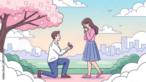 Man proposing marriage to woman in park with cherry blossoms romantic proposal scene illustration for wedding and relationship concepts