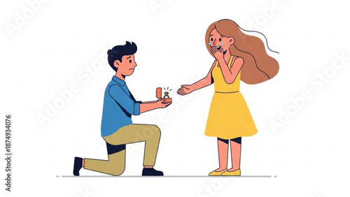 Man proposing with engagement ring to surprised woman romantic moment of proposal flat vector illustration for relationship concepts