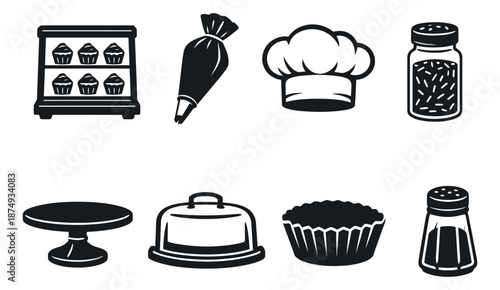 Monochromatic baking icon set featuring a chef hat, piping bag, cupcake display, cake stand, and spice shakers for patisserie and kitchen use