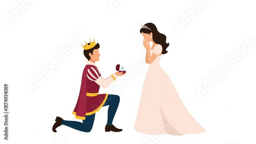 Prince proposing to princess with engagement ring fairy tale romance and marriage proposal concept isolated on white background