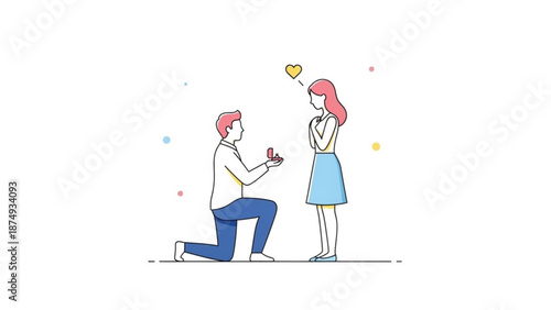 Man proposing marriage with ring box to woman romantic gesture of love and commitment simple line art illustration for wedding or engagement concept