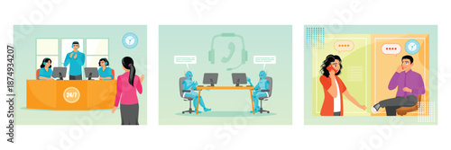 Call center office concept. Chatbot customer support. Business telephone conversation.