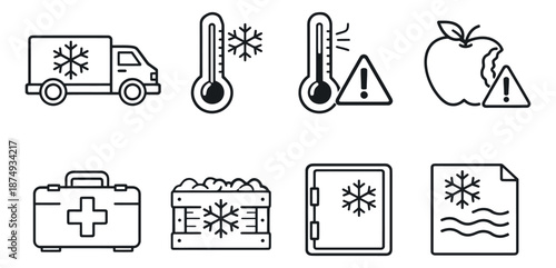 Line art icons set featuring refrigeration, food spoilage, and temperature warning symbols for food preservation and safety management