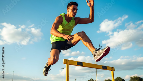 Dynamic male athlete in green sportswear jumping over hurdle during outdoor track and field competition on sunny day with blue sky and clouds
