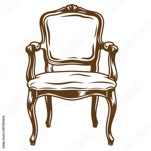 Drawing Vintage Brown chair with curved legs and armrests  classic furniture design element