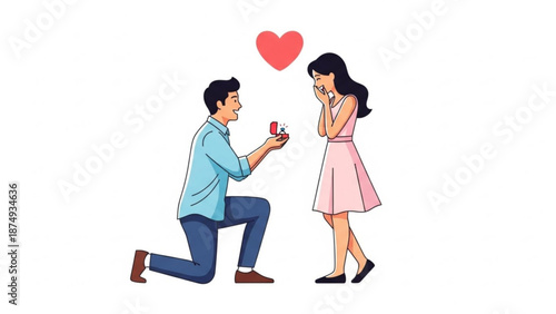 Man proposing marriage with a ring box to a surprised woman romantic proposal concept with heart symbol flat vector illustration for engagement and love themes