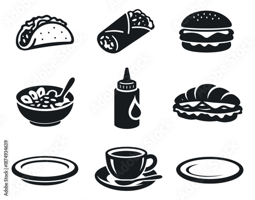 Graphic food and drink icon set featuring taco, burger, coffee, and plates for restaurant menus