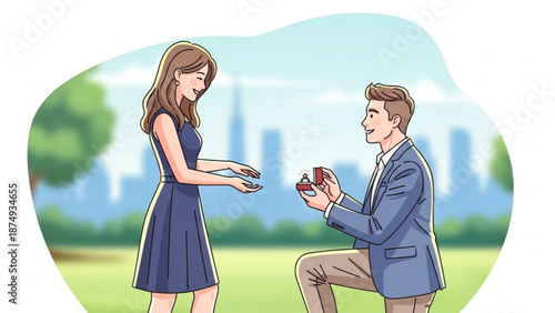 Man proposing marriage to woman with engagement ring in a park romantic proposal scene illustration for love and relationship concepts
