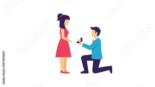 Man proposing to woman with engagement ring romantic proposal scene flat vector illustration for wedding or relationship concepts