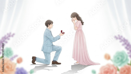 Man proposing marriage to woman with engagement ring romantic proposal scene with flowers illustration for wedding and love concepts