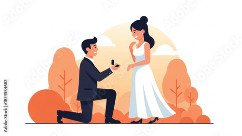 Man proposing marriage to woman with engagement ring romantic proposal scene flat vector illustration for wedding or relationship concepts