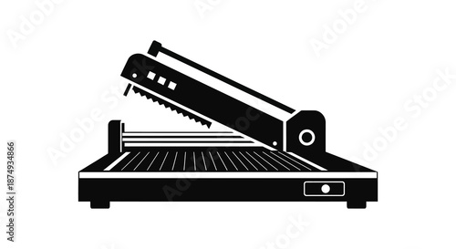 A stark black and white depiction of a paper cutter tool presented as a silhouette