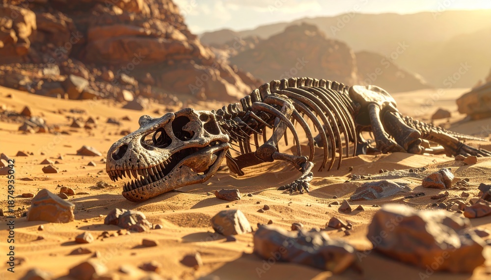 Obraz premium A white T-rex dinosaur fossil skeleton lies as a dead wild animal bone in the black desert nature wildlife safari