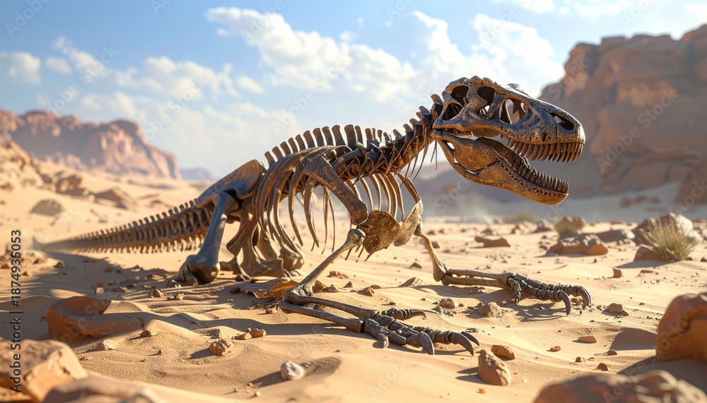 Naklejka premium A white T-rex dinosaur fossil skeleton lies as a dead wild animal bone in the black desert nature wildlife safari